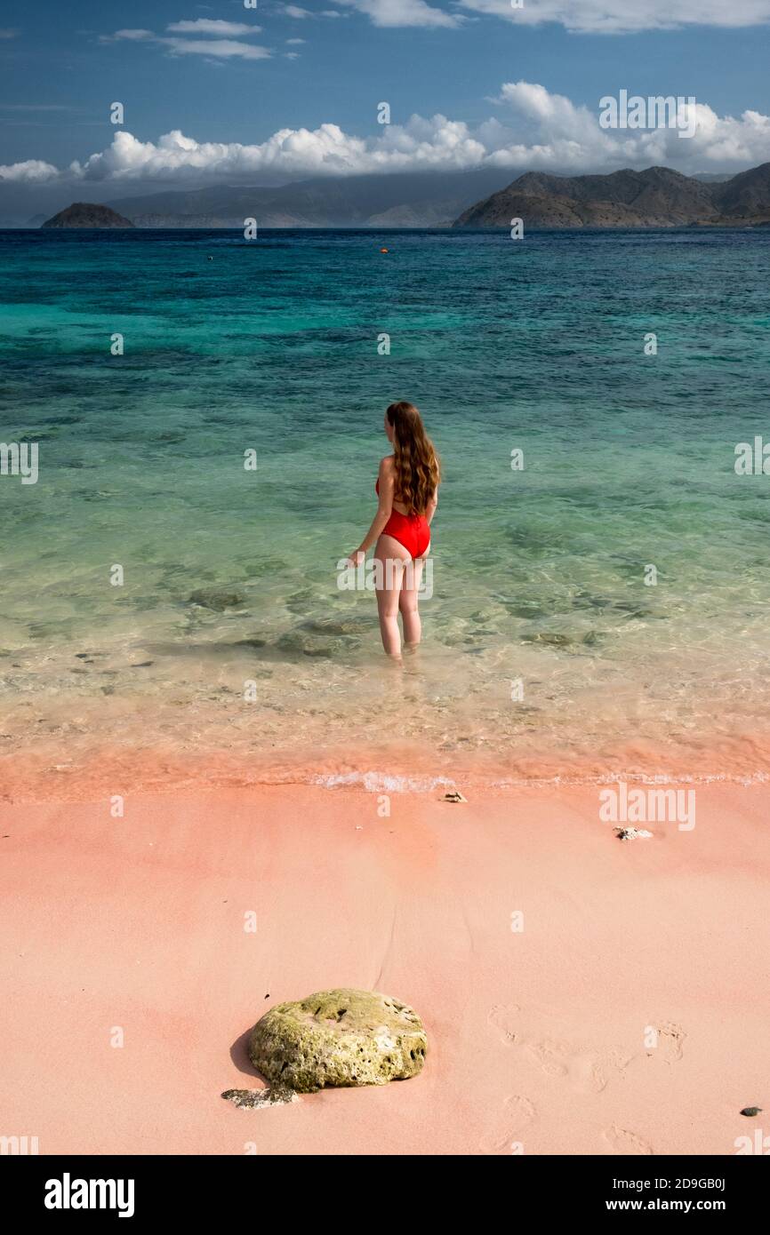 Une fille dans un maillot de bain rouge marchant sur la plage rose dans le parc national de Komodo à Flores, Indonésie Banque D'Images