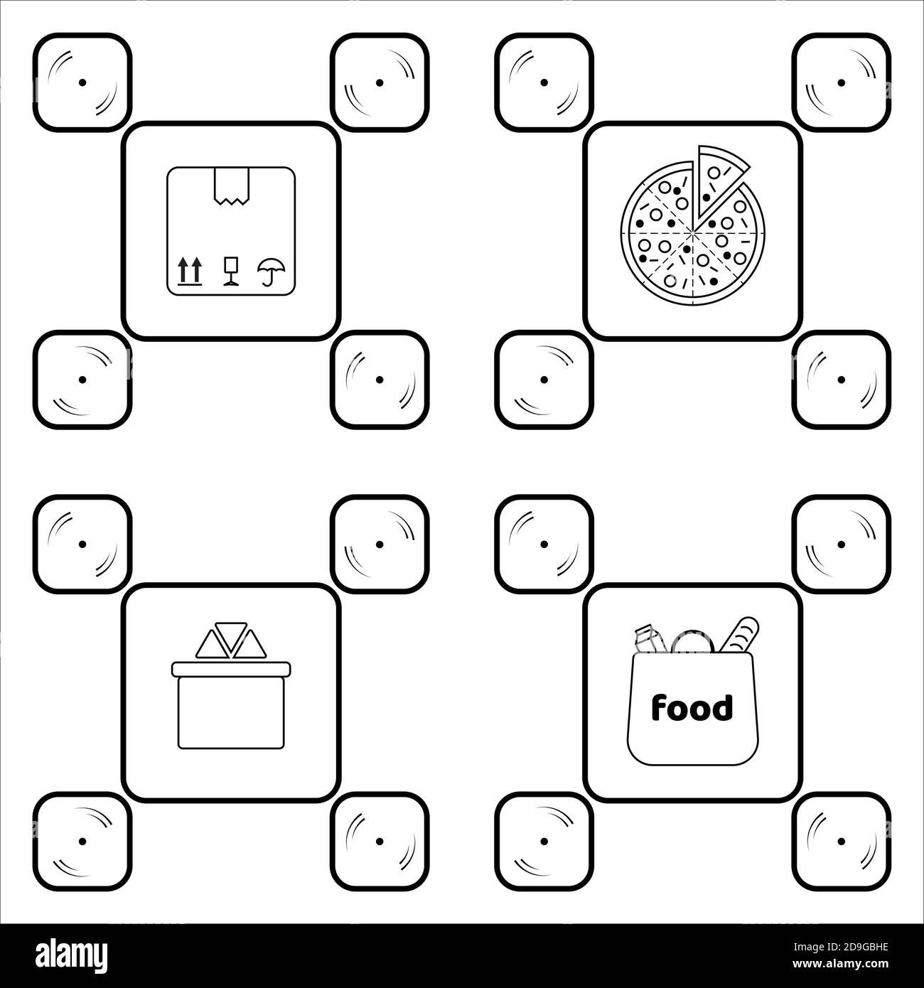 quatre icônes de shopping en ligne avec le concept de livraison de drone - pizza, nourriture, cadeau, boîte, paquet. Illustration vectorielle Illustration de Vecteur