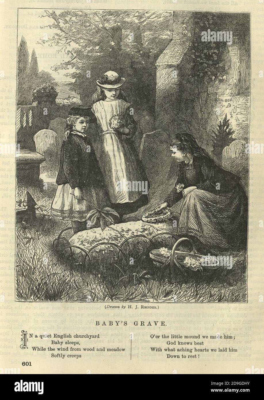 Illustration vintage des enfants visitant la tombe de leur bébé frère et sœur, mortalité infantile victorienne 1870, 19e siècle Banque D'Images