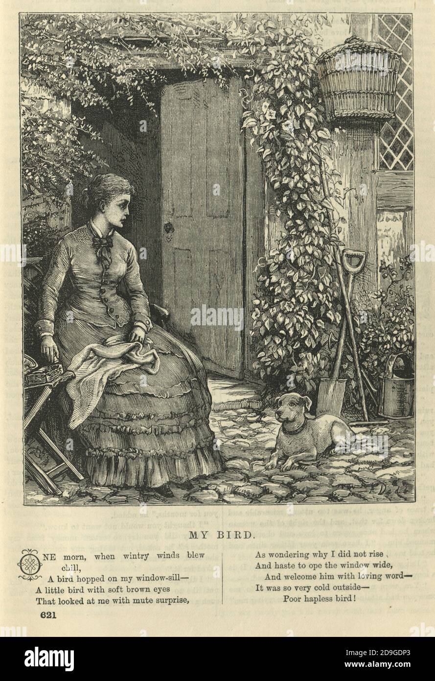 Poème victorien, mon oiseau, jeune femme avec chien assis porte de sa maison, 19e siècle Banque D'Images