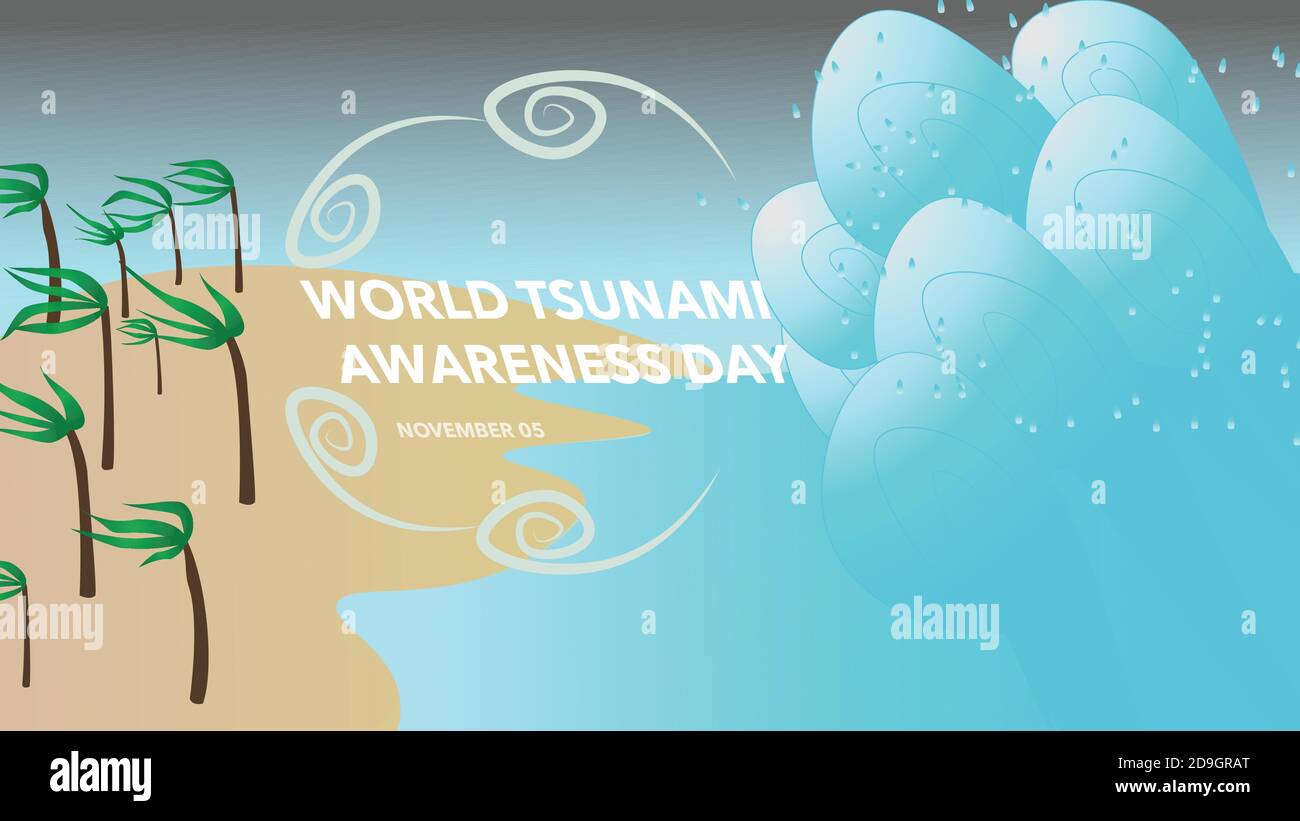 Un dessin animé comme le dessin d'une vague de tsunami sur une plage. Journée mondiale de sensibilisation au tsunami, 5 novembre. Illustration de Vecteur