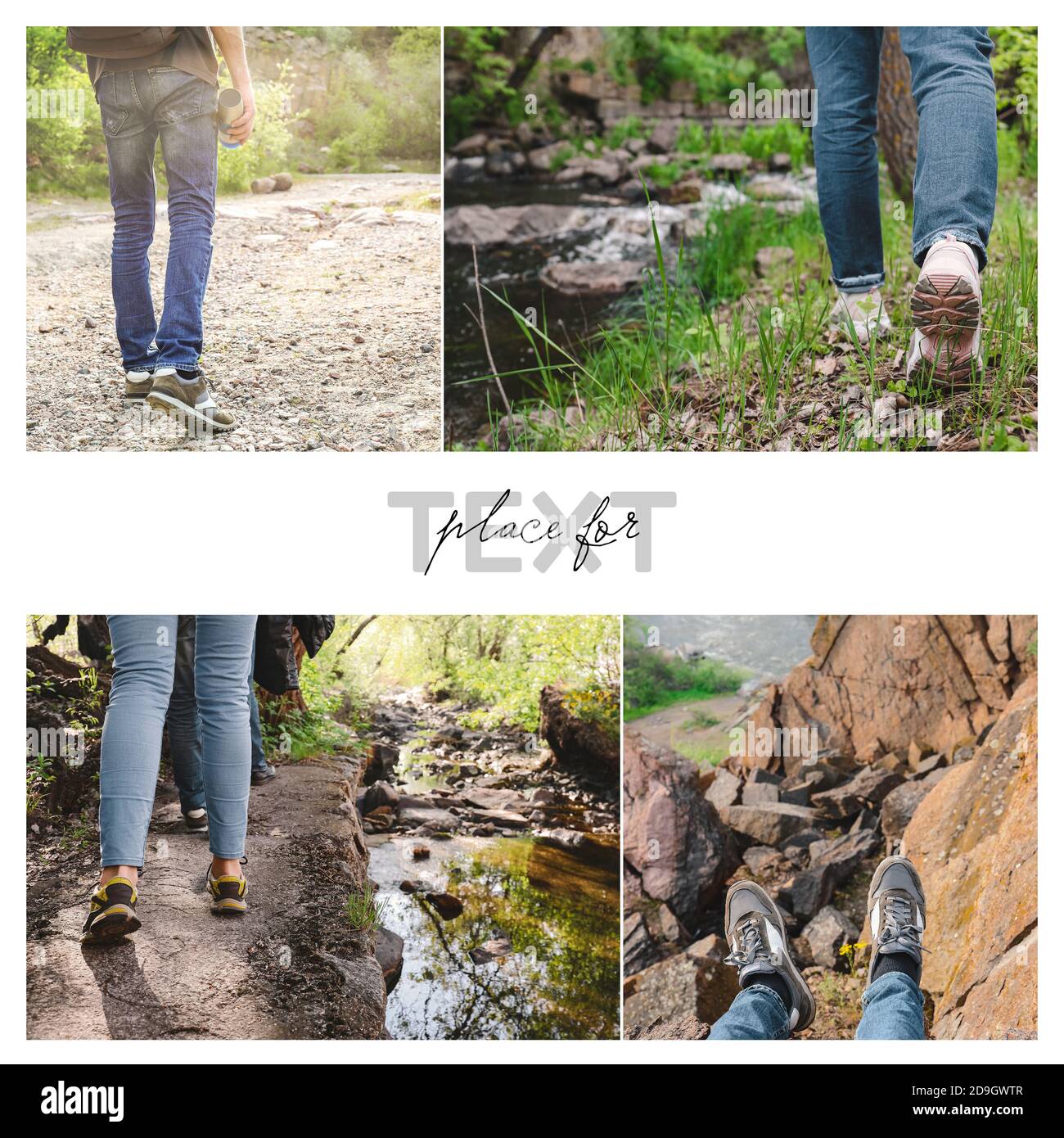 Collage avec des touristes voyageant dans la campagne et espace pour le texte Banque D'Images