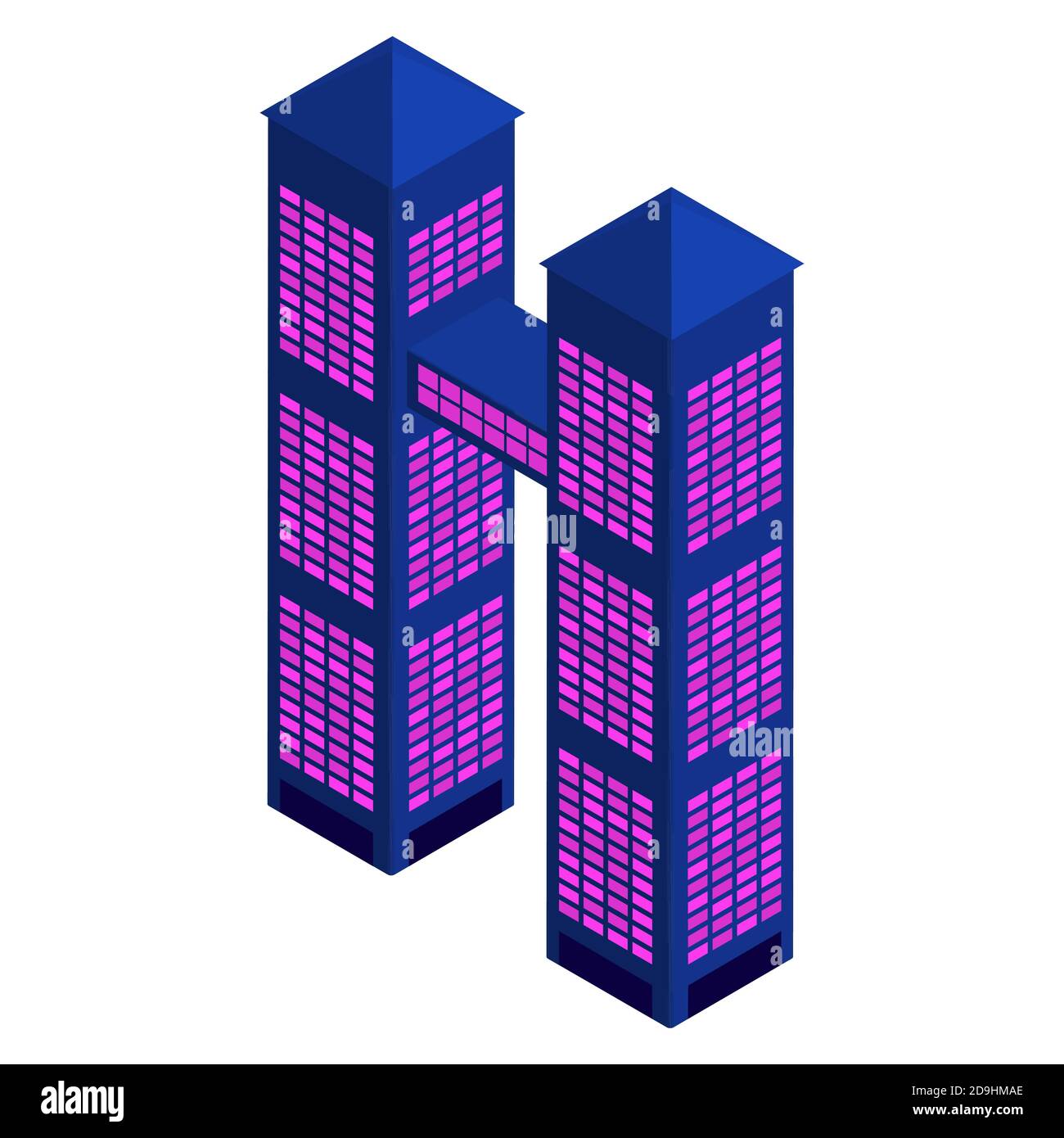 Bâtiments isométriques de deux gratte-ciel reliés par un passage au sommet isolé sur blanc. Palette moderne. Vecteur EPS10. Illustration de Vecteur