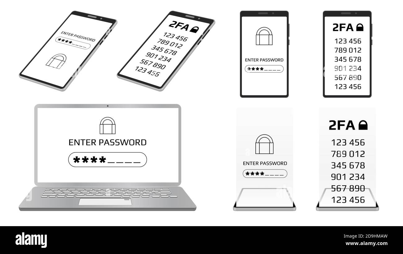 Ensemble de concepts d'authentification à deux facteurs 2FA et de saisie du mot de passe sur l'écran de l'ordinateur portable et du smartphone. Protéger votre argent avec des codes. Illustration de Vecteur