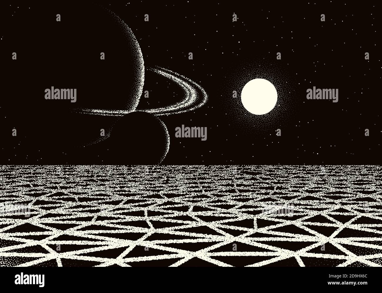 Paysage de travail de terre rétro avec des terres fissurées style années 80, planète avec des anneaux et le soleil sur le fond de l'ancien livre ou poster de science-fiction. Illustration de Vecteur
