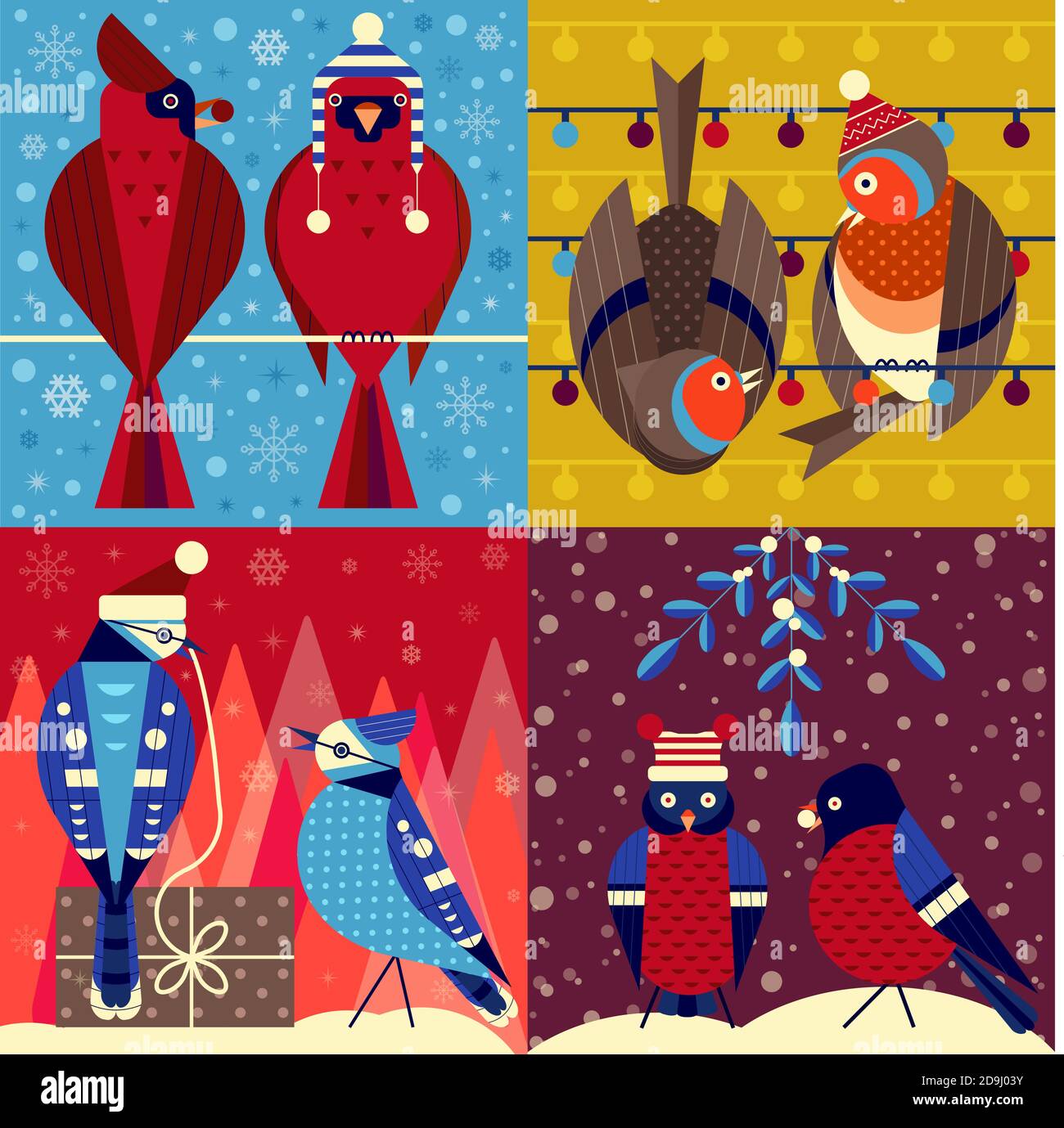 Ensemble de cartes de Noël à motif oiseaux de Noël dans des chapeaux amusants Illustration de Vecteur