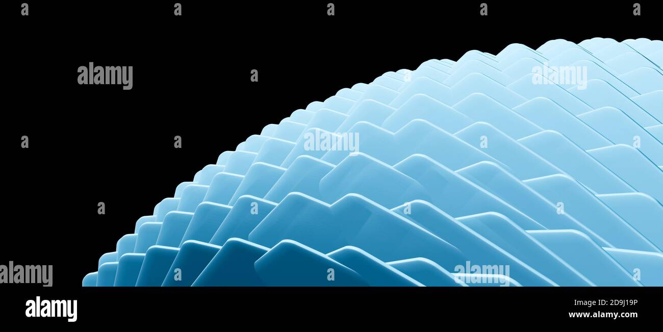 Fond d'écran abstrait avec tuiles bleu clair sur une forme ronde ou une sphère, bords nets, 3D cgi rend des illustrations science, recherche, futuriste Banque D'Images