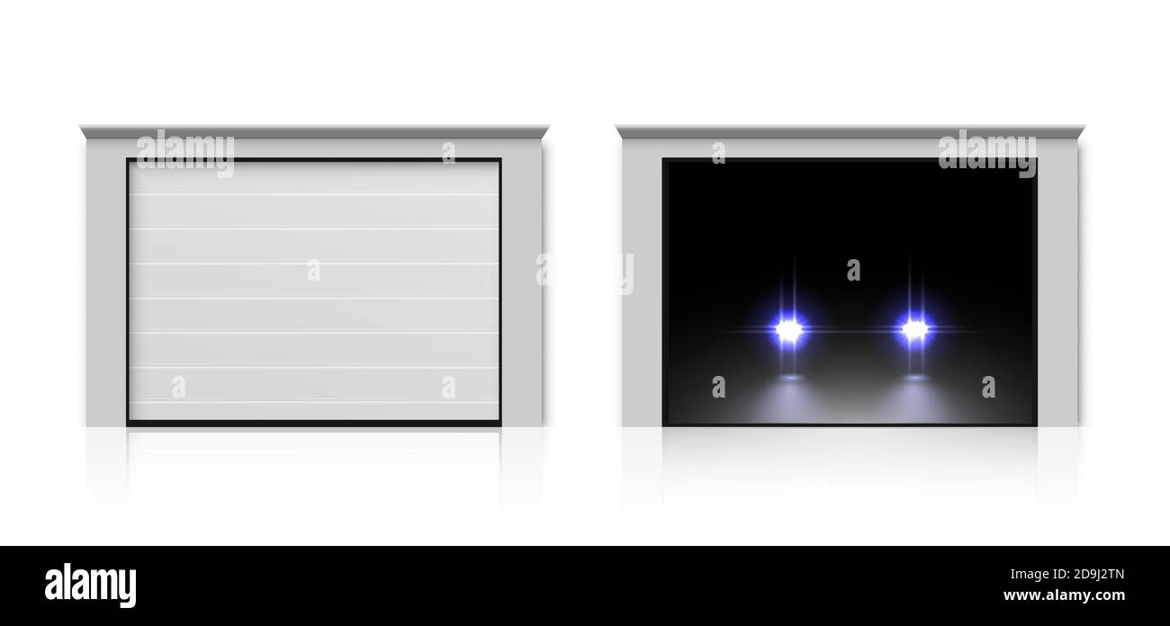 Porte de garage moderne. Porte d'entrée réaliste de la chambre, de la maison, de l'espace de stationnement. Illustration vectorielle de porte automatique avant fermée, ouverte et ouverte Illustration de Vecteur
