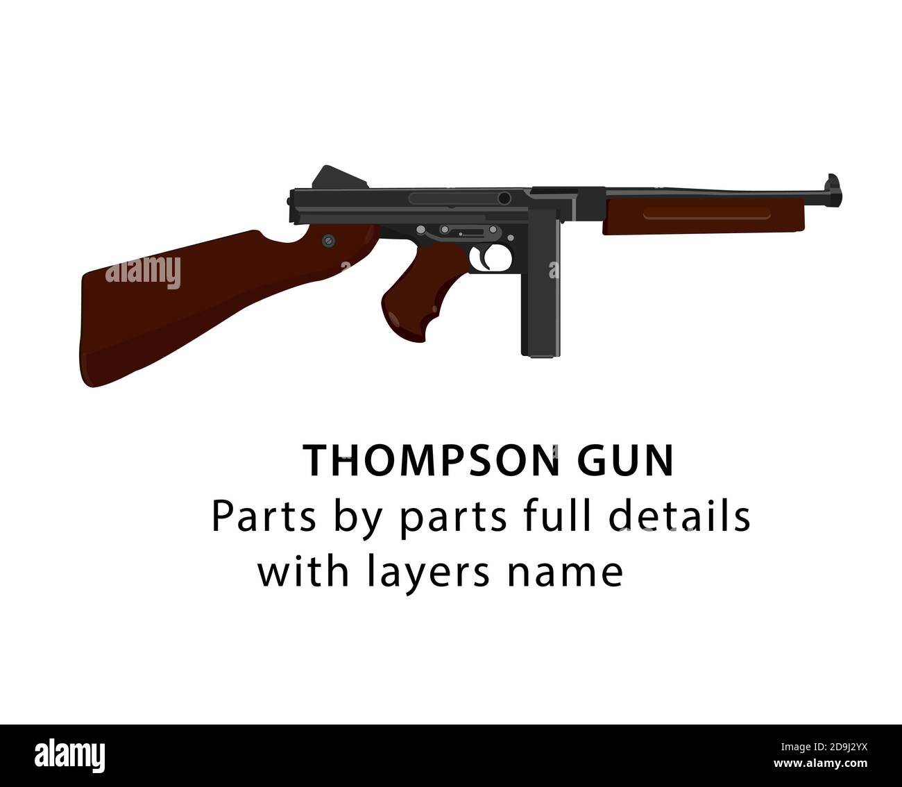 American WW2 Thompson gun vector | WW2 gun Détails complets et parties par parties avec nom de couches. Cela peut vous aider à animer comme le rechargement de magazine. Illustration de Vecteur