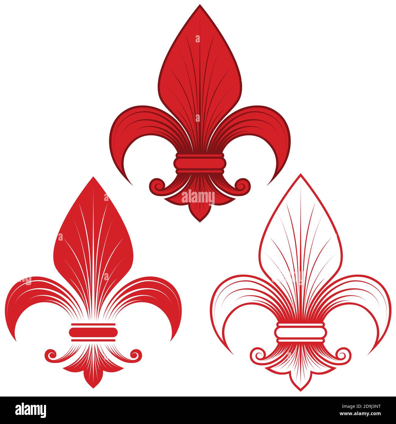 Dessin vectoriel de fleur de lis en trois styles graphiques en rouge, représentation de la fleur de nénuphars, symbole utilisé dans l'héraldique médiévale. Le tout sur fond blanc Illustration de Vecteur