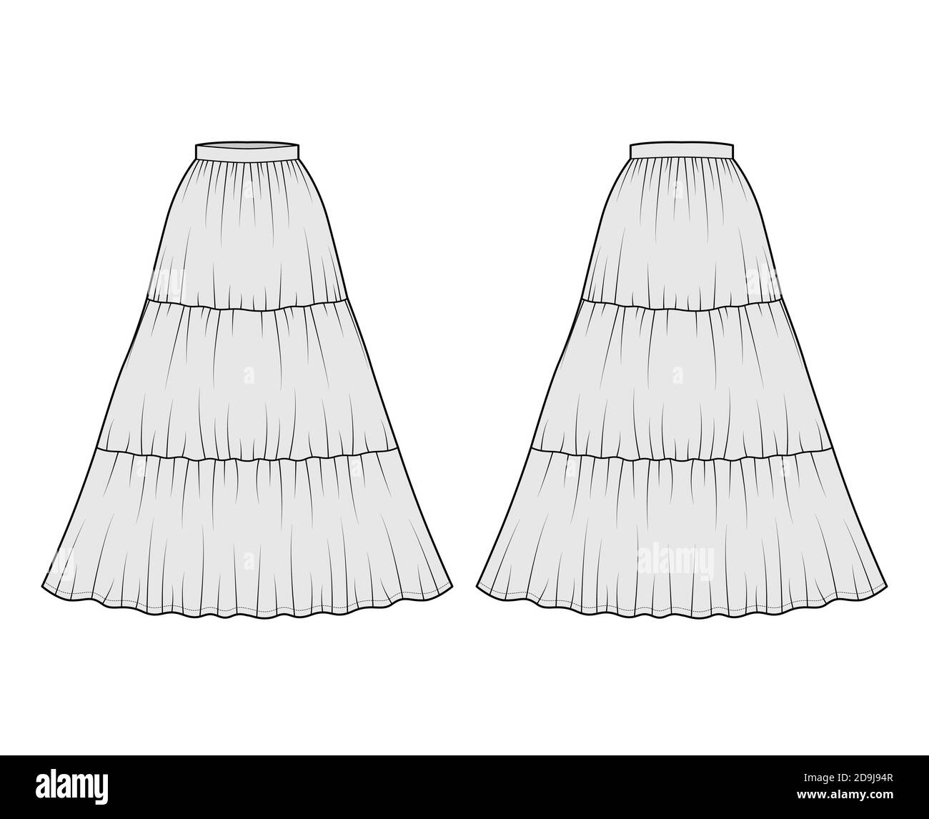 Jupe gitane dirndl technique mode illustration avec silhouette longue de plancher, plénitude circulaire. Modèle à fond plat à l'avant, à l'arrière, de couleur grise. Femmes, hommes, maquette de CAD unisex Illustration de Vecteur