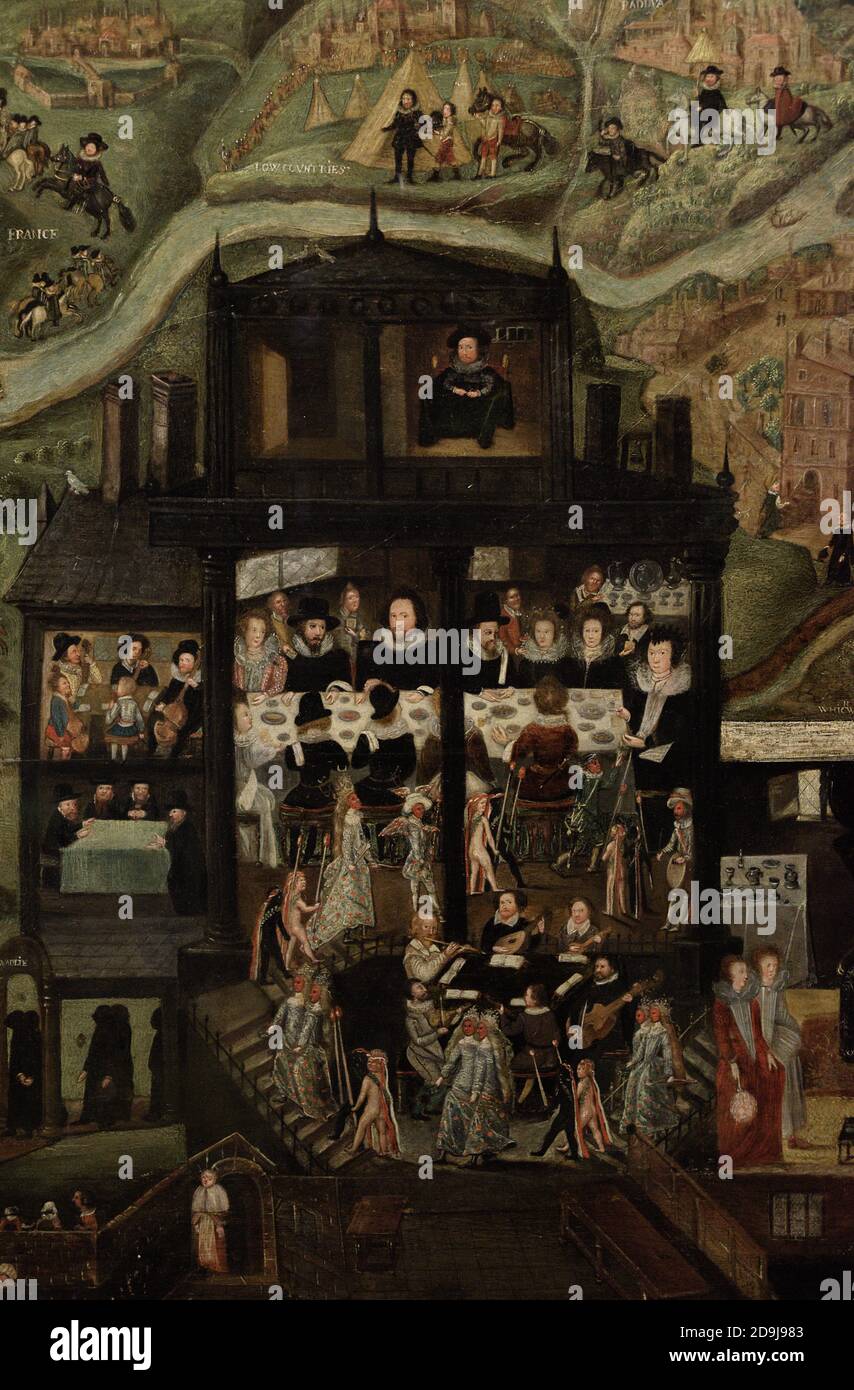 Sir Henry Unton (c. 1558-1596). Diplomate anglais élisabéthain. Peinture par un artiste inconnu. Huile sur le panneau, c.1596. Portrait narratif de la vie d'Unton. Détail illustrant la vie d'Unton à la maison de Wadley. Henry Unton est représenté assis dans son étude, faire de la musique, et présider un banquet pendant qu'une masque de Mercury et Diana est exécutée. Galerie nationale de portraits. Londres, Angleterre, Royaume-Uni. Banque D'Images