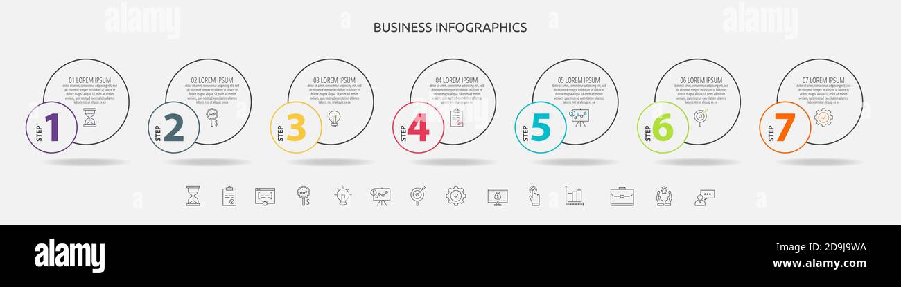 Infographie sur les lignes vectorielles des cercles avec icônes en 7 ...