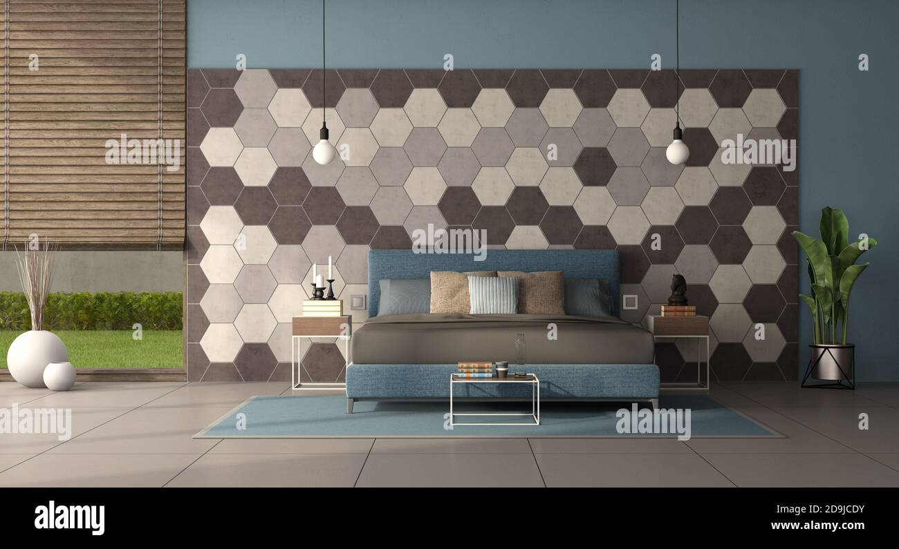 Chambre moderne avec lit double devant un mur avec tuiles hexagonales - rendu 3d Banque D'Images