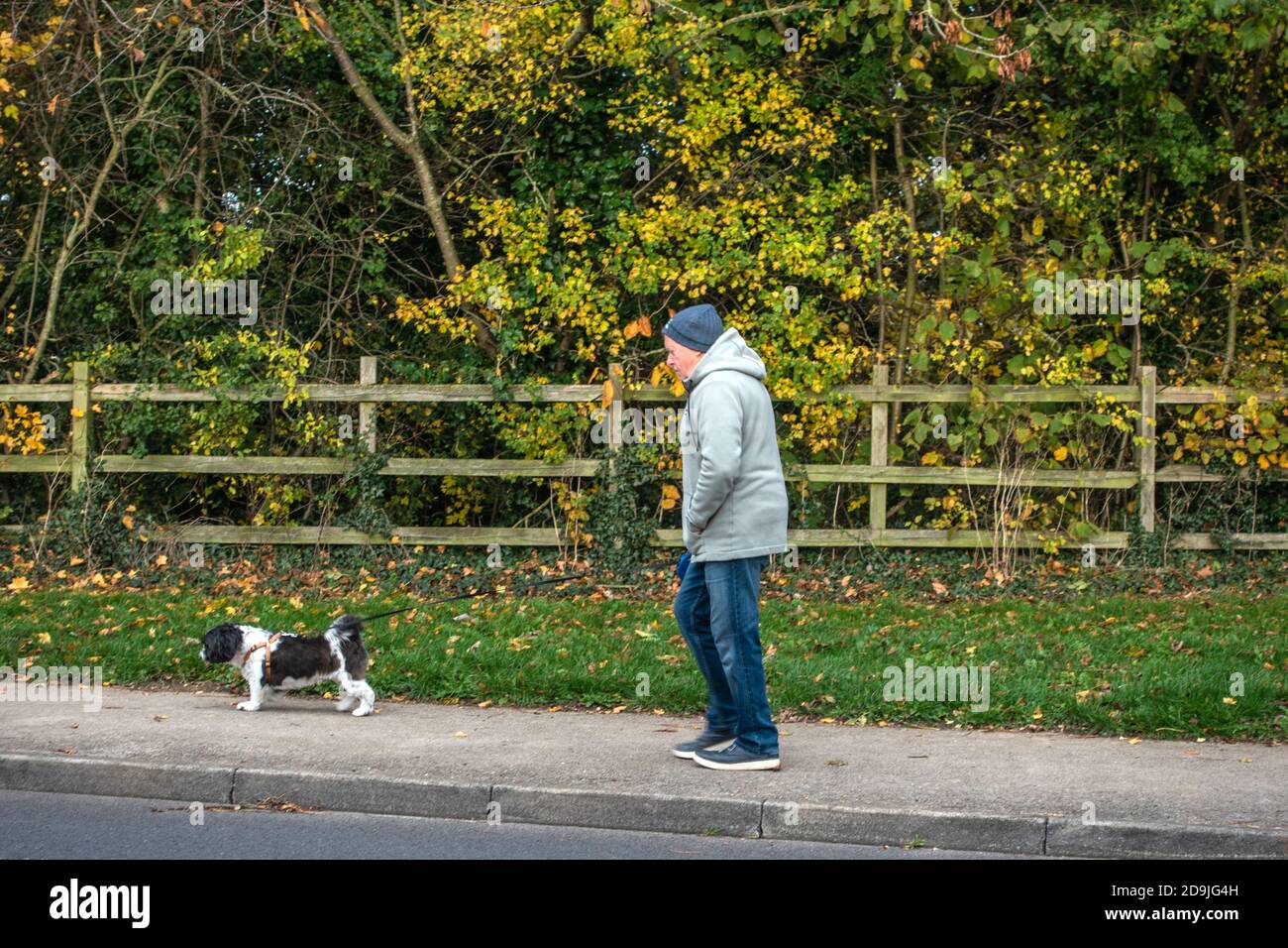 homme marchant son chien près d'un parc Banque D'Images