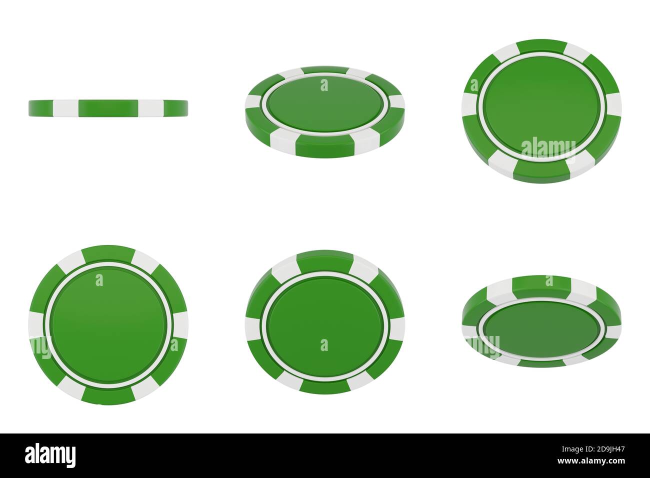 Jetons de poker isolés sur fond blanc. Jetons verts de casino dans une position différente. rendu 3d. Banque D'Images