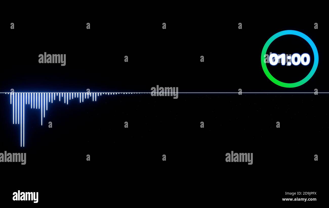 Forme d'onde sonore, ondes sonores 3D abstraites avec horloge à rebours d'infographie de chargement colorée, rendu 3D Banque D'Images