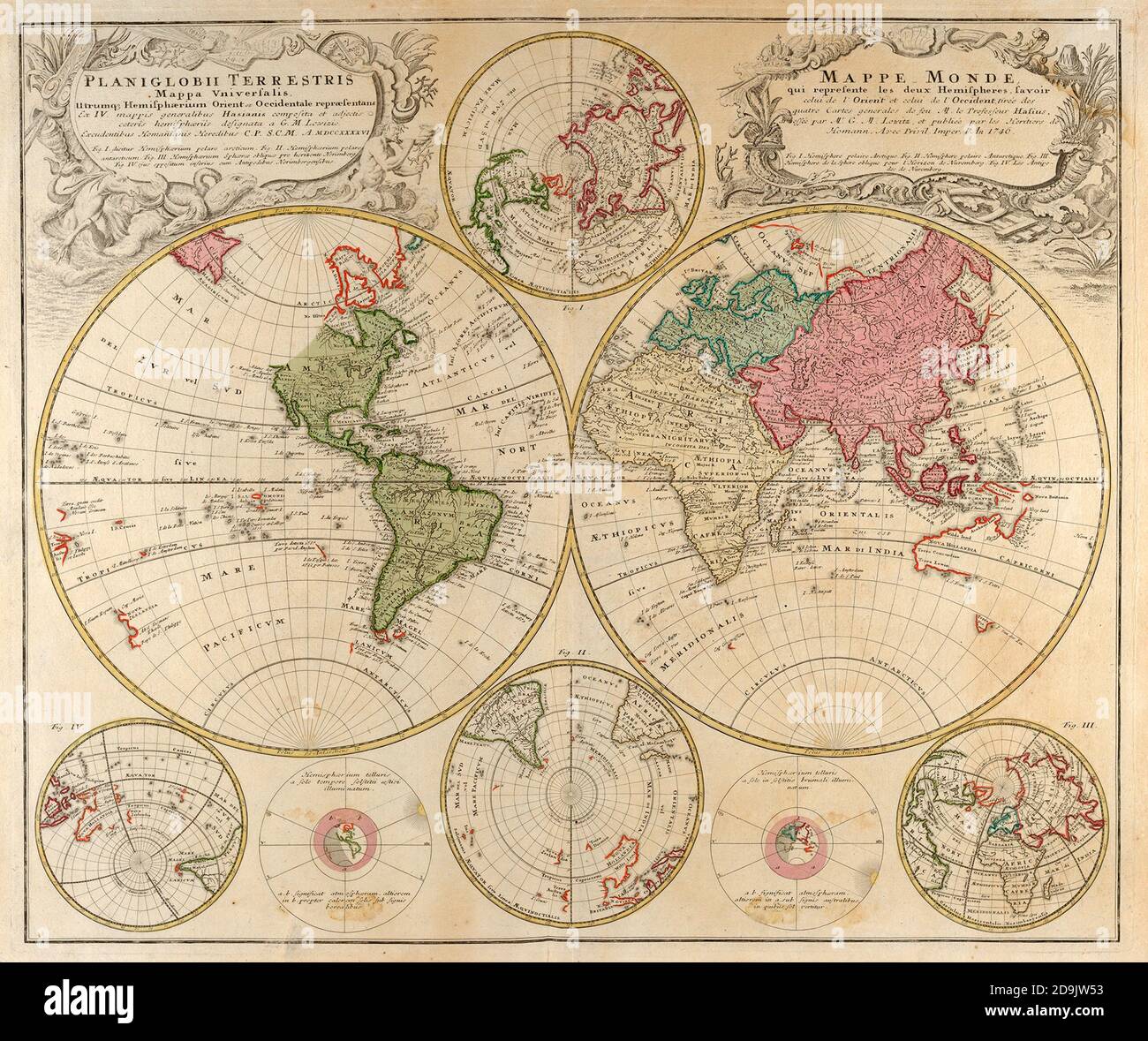 Planiglobii Terrestris Mappa Universalis. Carte du monde en couleur imprimée en Allemagne en 1746 Banque D'Images