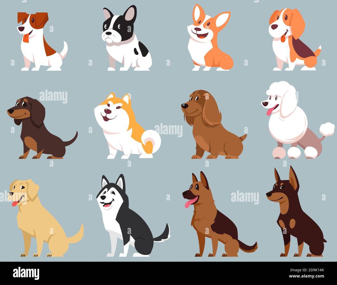 Chiens assis de différentes races. Grand ensemble d'animaux de compagnie mignons. Illustration de Vecteur