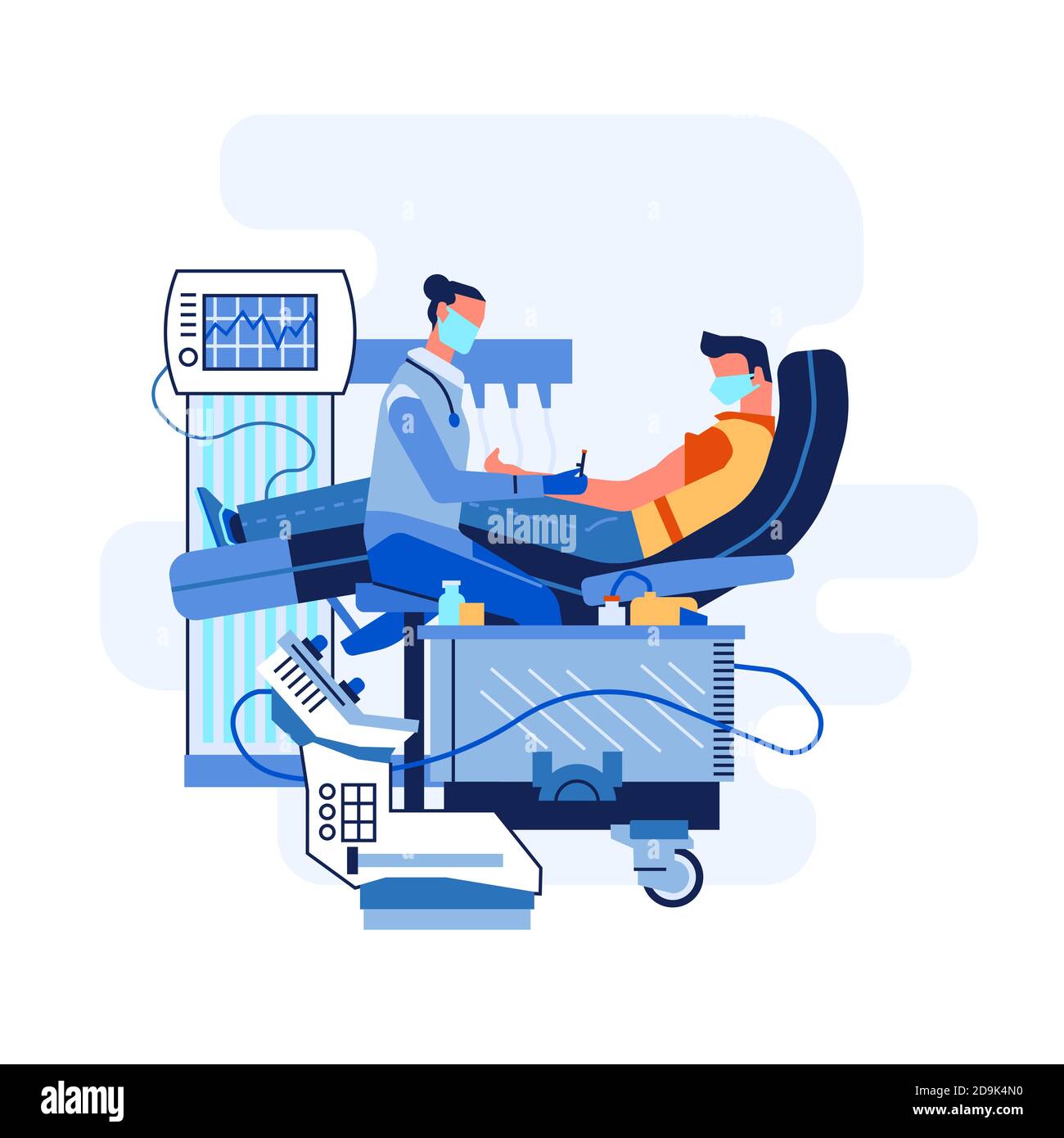 Patient sur rendez-vous avec un médecin, illustration vectorielle, traitement médical, équipement moderne, cabinet du médecin, masques médicaux Illustration de Vecteur
