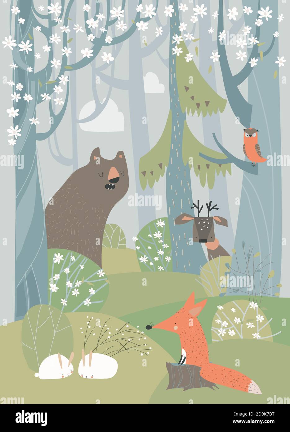 Dessins animés animaux mignons dans la forêt de fleurs de printemps Illustration de Vecteur