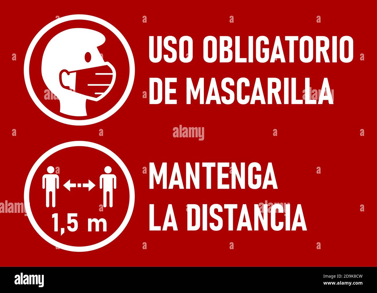 Avertissement icônes en espagnol 'Uso Oligatorio de Mascarilla' (masques de visage requis) et 'Mantenga la Distancia' (garder votre distance) 1,5 M. Image vectorielle. Illustration de Vecteur