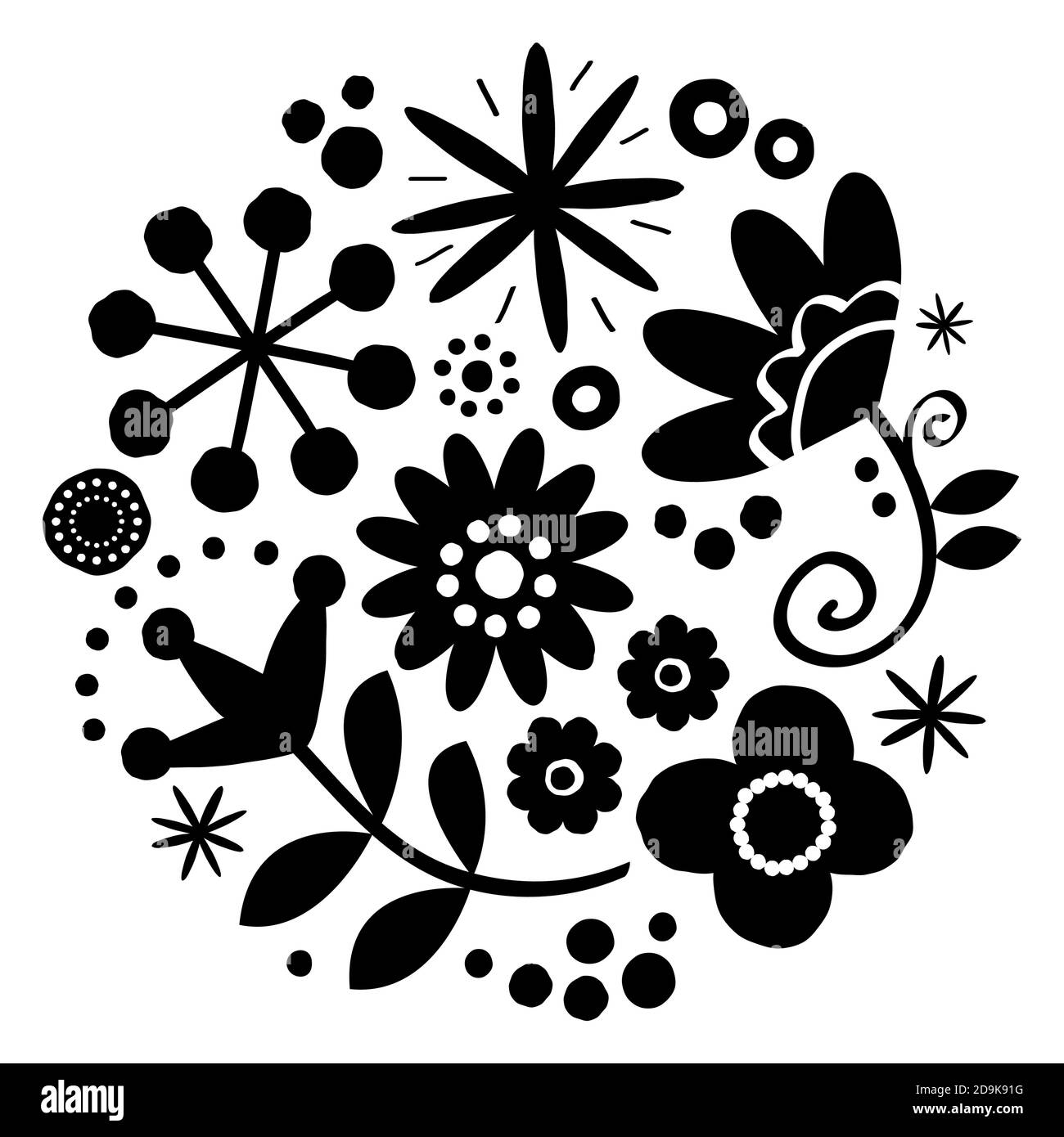 Motif floral folk art vectoriel, motif heureux noir et blanc avec fleurs et coccinelle - carte de vœux scandinave ou invitation, style dessiné à la main Illustration de Vecteur