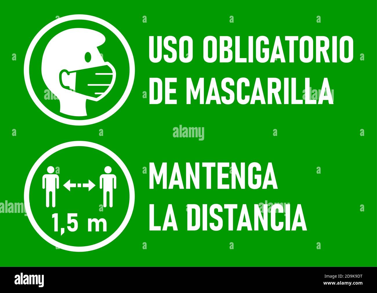 Avertissement icônes en espagnol 'Uso Oligatorio de Mascarilla' (masques de visage requis) et 'Mantenga la Distancia' (garder votre distance) 1,5 M. Image vectorielle. Illustration de Vecteur