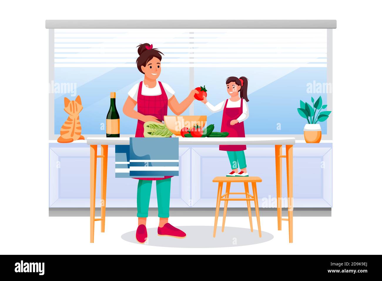 La mère et la fille cuisent de la salade de légumes dans la cuisine. Maman et petite fille font un déjeuner ou un dîner diétique sain. Illustration des caractères vectoriels. Famil Illustration de Vecteur