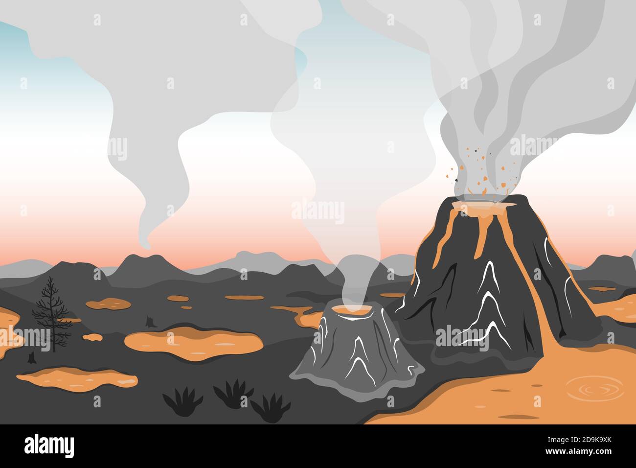 Paysage préhistorique avec éruption volcanique, lave et ciel fumé. Arrière-plan vectoriel avec montagnes et volcans dans un style de dessin animé plat Illustration de Vecteur