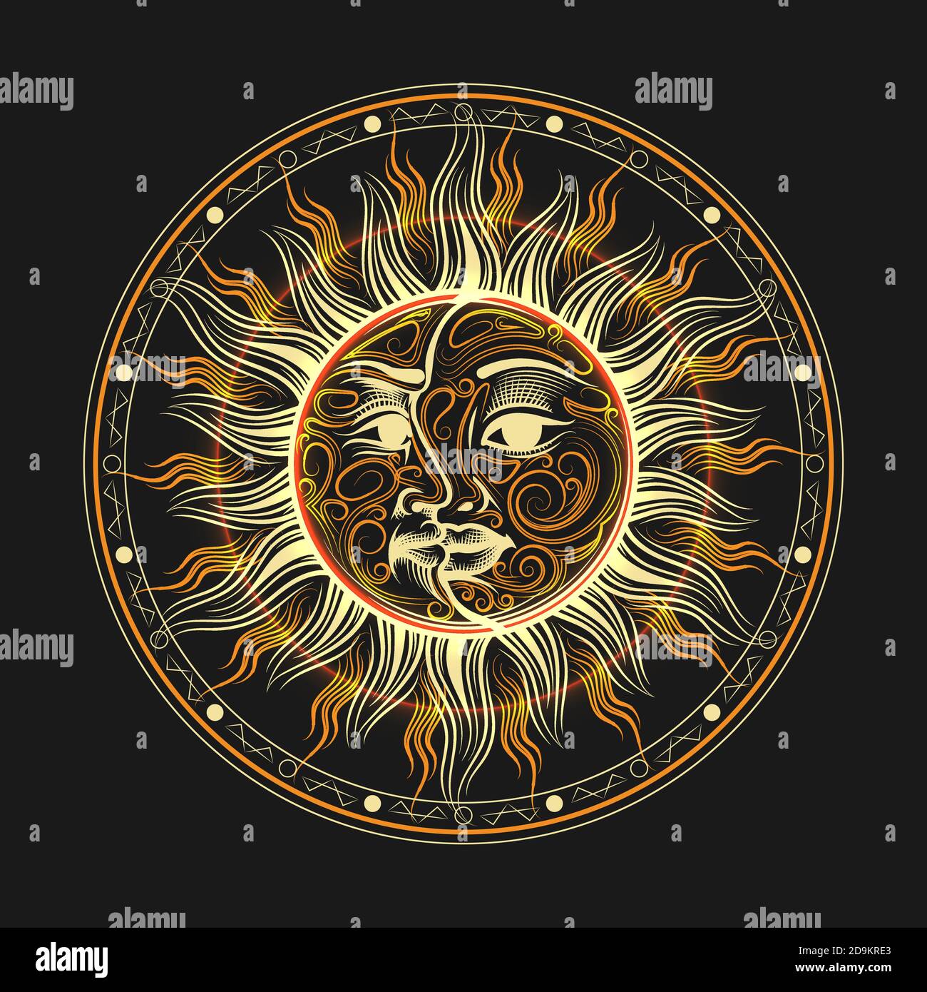 Visages de la lune et du soleil réunis sur un disque, symbole occulte. Illustration vectorielle. Illustration de Vecteur