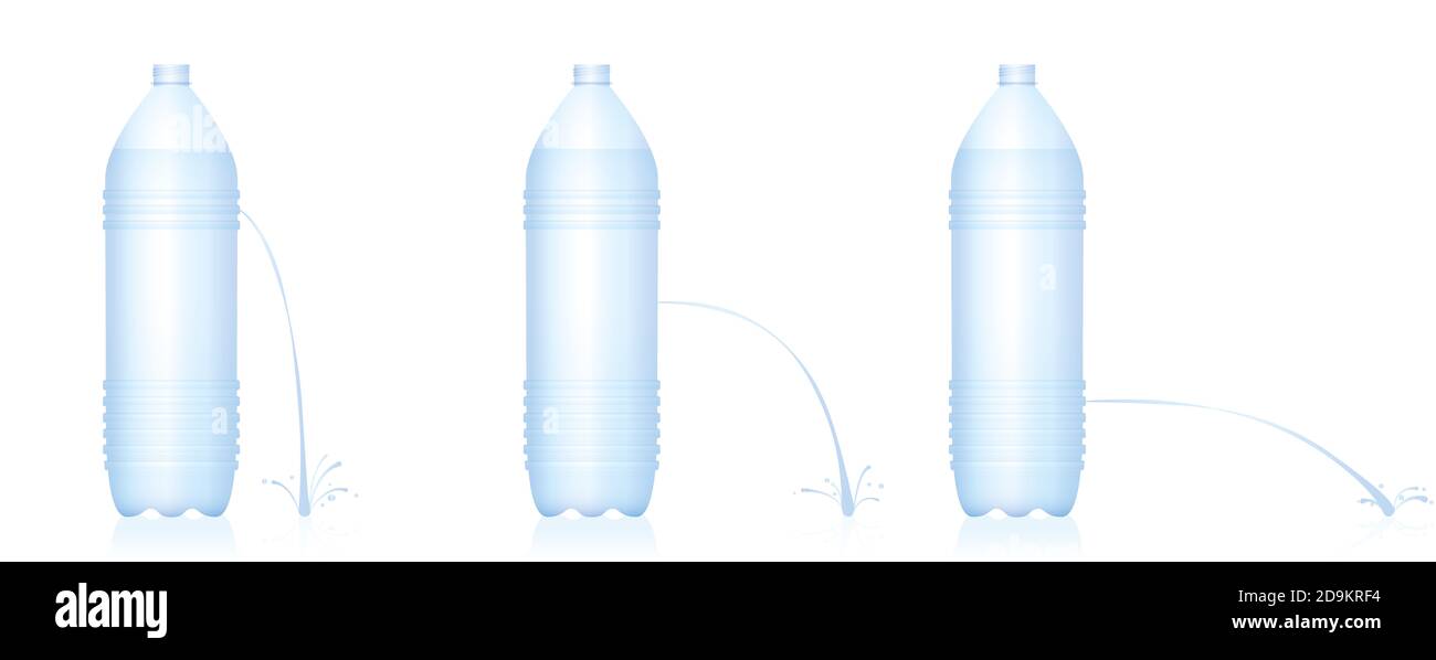 Expérience de dynamique des fluides. Trois bouteilles en plastique avec différents jets d'eau - flux faible, moyen, fort. Amusement physique - la loi de Torricellis. Banque D'Images