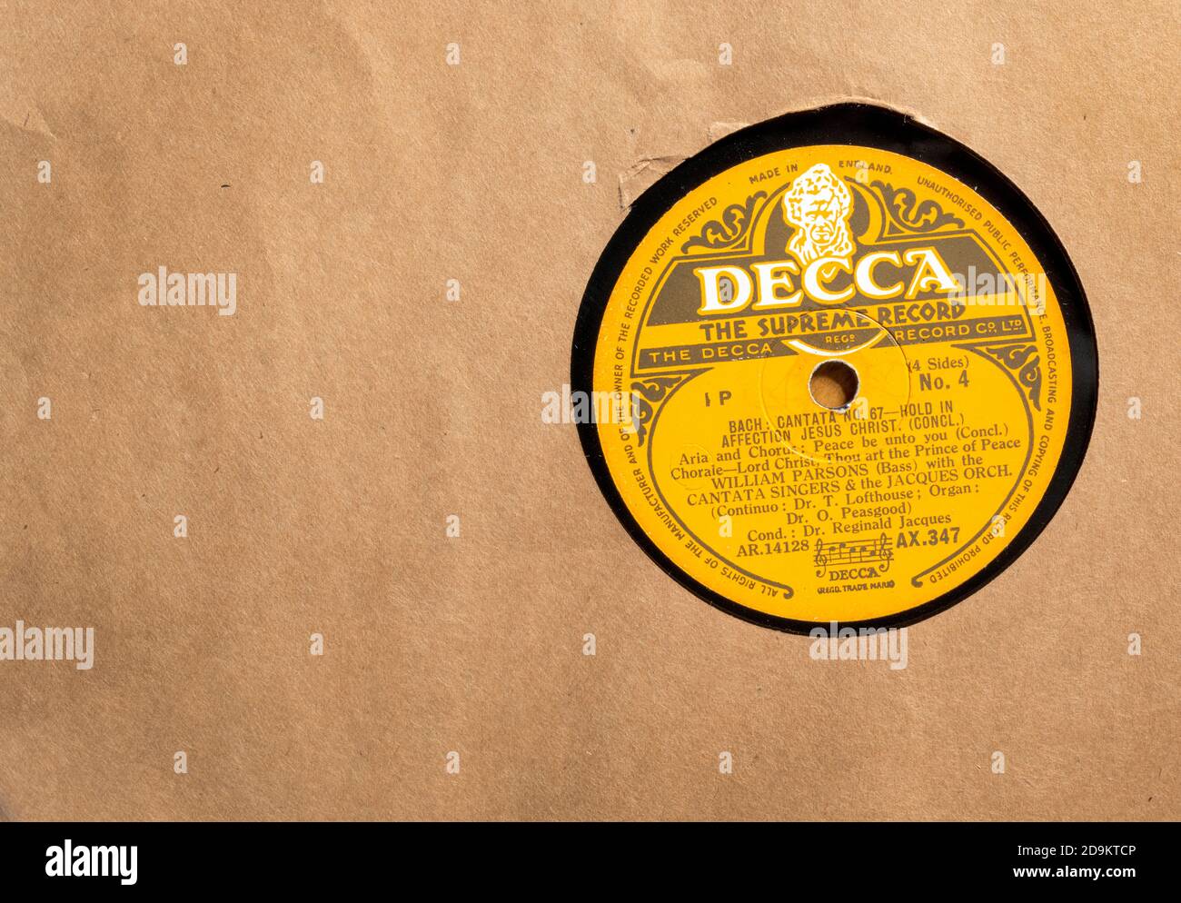 Étiquette d'enregistrement Decca classique sur un enregistrement vintage de 78 tr/min Banque D'Images