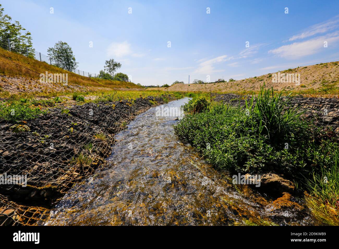 L'eau courante renatrée, le Hellbach appartient au système de l'Emscher, était auparavant un canal d'eaux usées ouvert, au-dessus du sol, conversion d'Emscher, Recklinghausen, région de la Ruhr, Rhénanie-du-Nord-Westphalie, Allemagne Banque D'Images