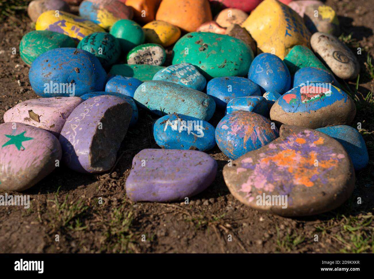 Pierres décorées sur le terrain avec 'NHS' écrit sur la pierre centrale, reconnaissance pour le travail effectué dans la pandémie Covid-19. Banque D'Images