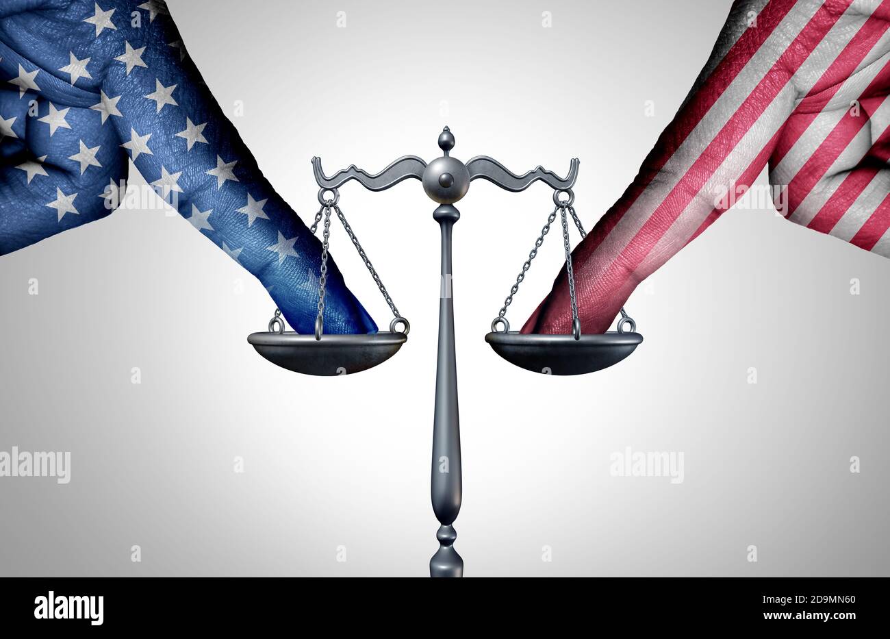 La bataille juridique des États-Unis et la loi américaine comme un conseil le concept de l'échelle de la justice avec le doigt de Personnes influençant le système juridique des États-Unis pour un Banque D'Images