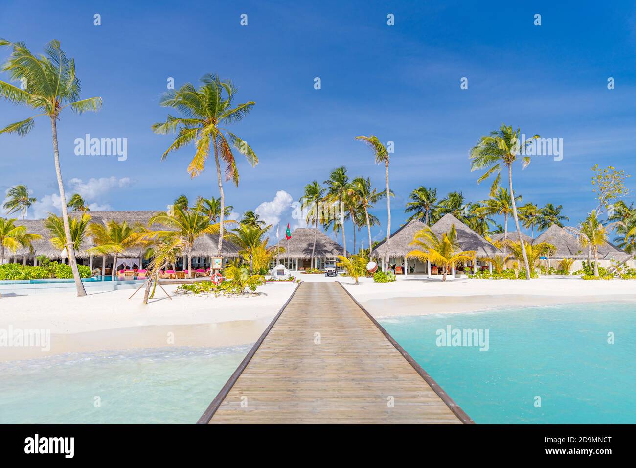 Vacances exotiques de luxe aux Maldives, vacances d'été à la plage. Longue jetée dans le paradis tropical Resort, palmiers et villas de plage, sable blanc, vacances Banque D'Images