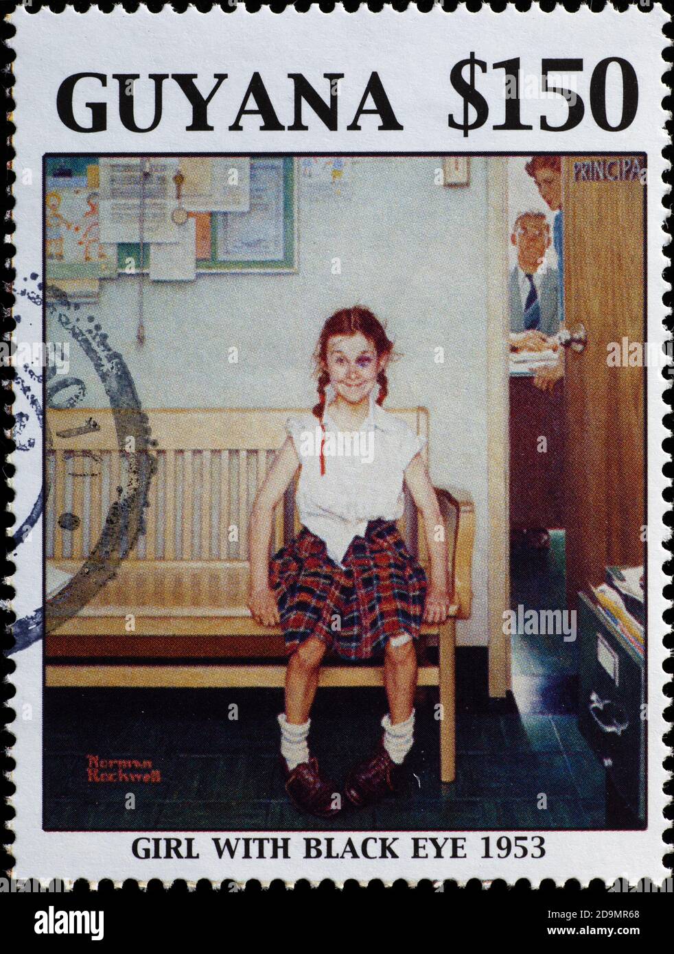Fille avec oeil noir par Norman Rockwell sur le timbre Banque D'Images
