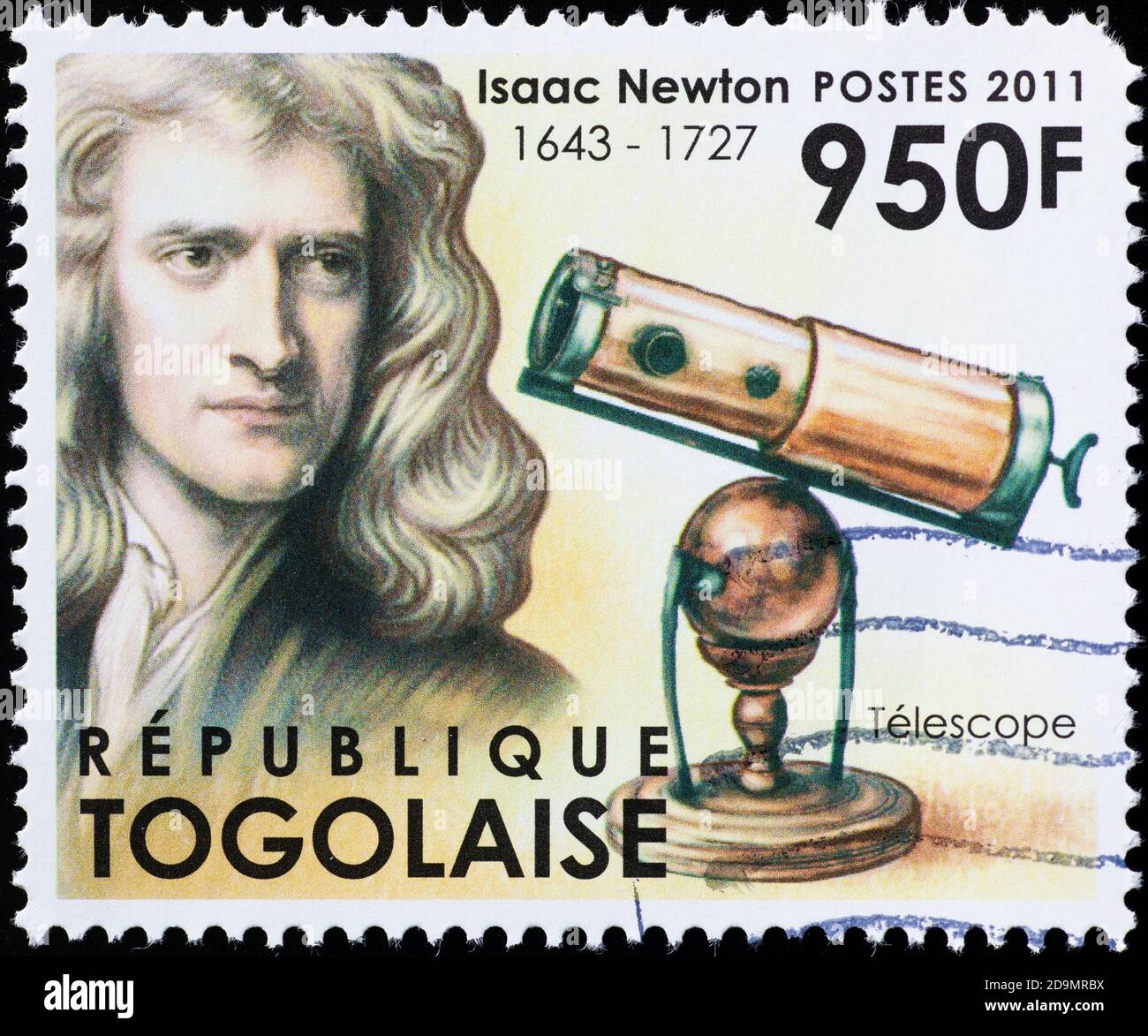 Isaac Newton et son télescope sur le timbre du Togo Banque D'Images