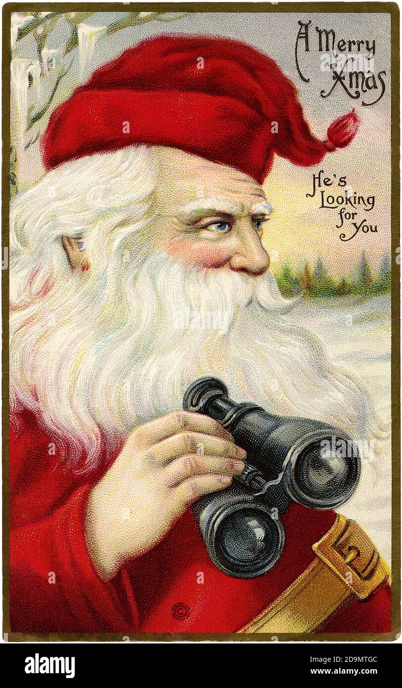 Ancienne carte de Noël. Le Père Noël avec des jumelles « il vous recherche » Banque D'Images