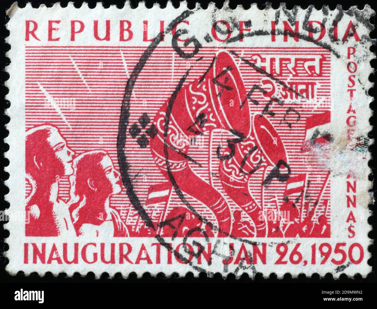 Ancien timbre célébrant la naissance de la République indienne Banque D'Images