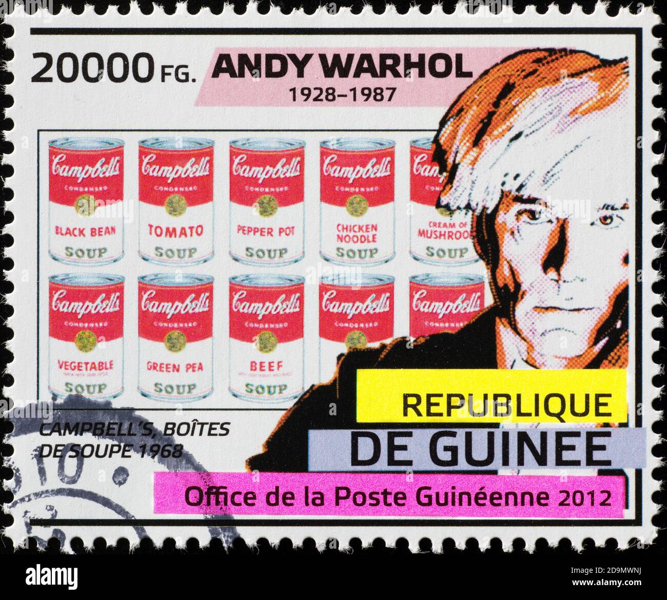 Portrait des soupes d'Andy Warhol et de Campbell sur le timbre Banque D'Images