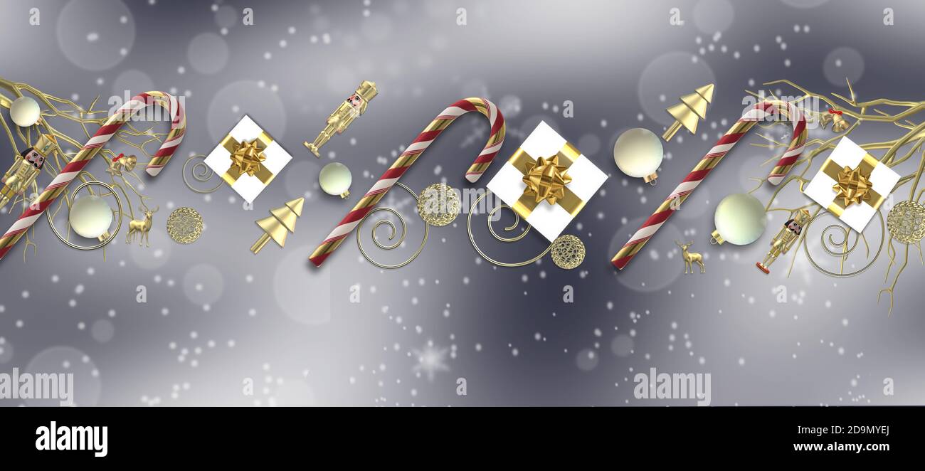 Symboles Noël pour carte de vacances avec boîtes-cadeaux de Noël, boules de Noël, Cannes en or sur fond bleu pastel avec neige. Rendu 3D horizontal. Placer pour le texte Banque D'Images