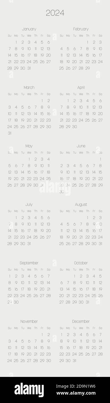 Calendrier mensuel de l'année 2024. La semaine commence le dimanche