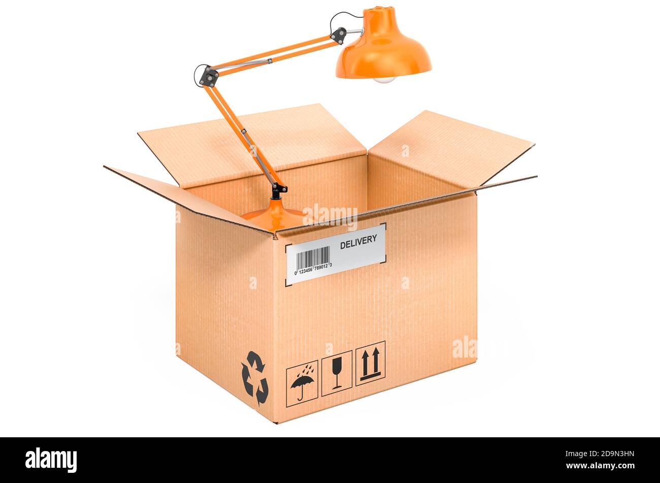 Lampe de bureau à l'intérieur d'une boîte en carton, concept de livraison. Rendu 3D isolé sur fond blanc Banque D'Images