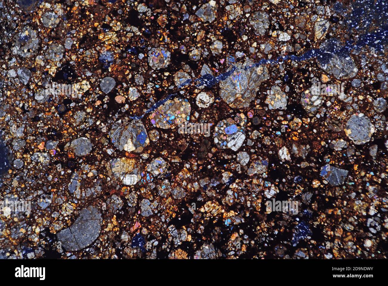 Lame à section mince du microscope météorite NWA montrant des chondrules, éclairage polarisé. Chondrule Rich, désert du Sahara, Maroc Banque D'Images