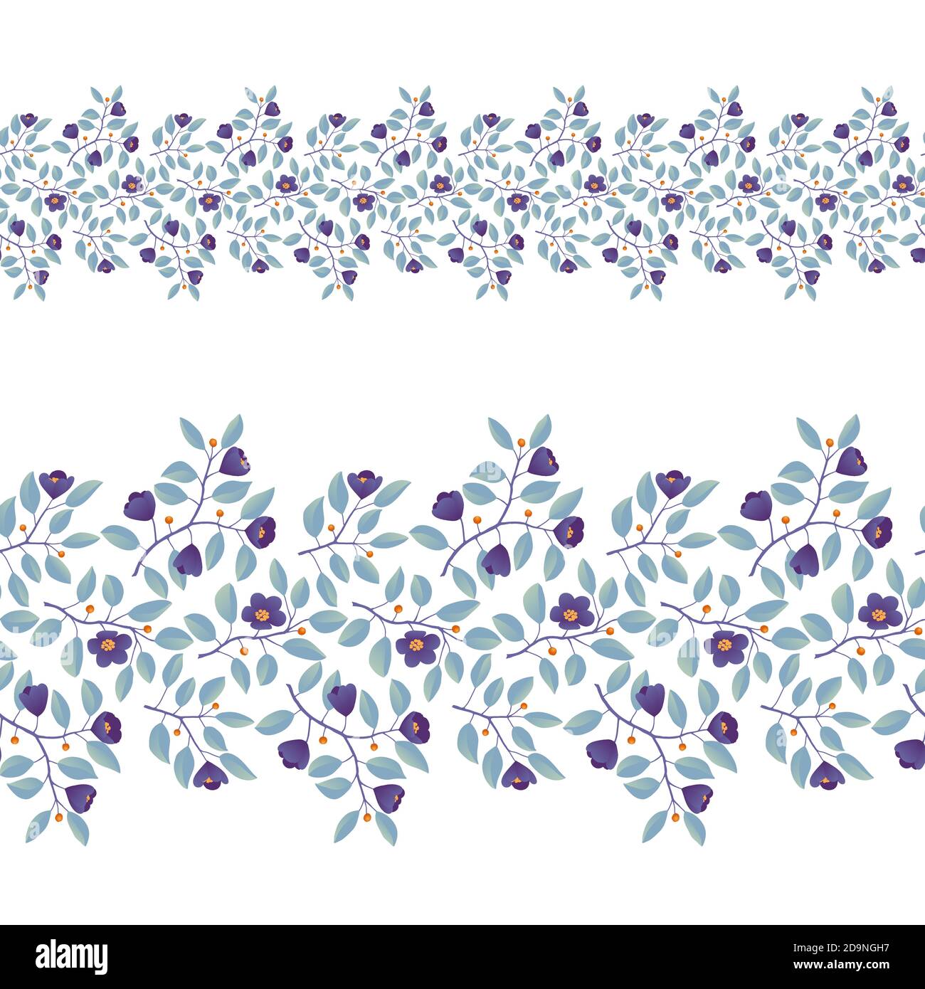 Bordure florale, branches avec feuilles de sarcelle et fleurs violettes sur blanc. Illustration vectorielle, design pour affiche, bannière, invitation, livre, tissu de mode, emballage. Illustration de Vecteur
