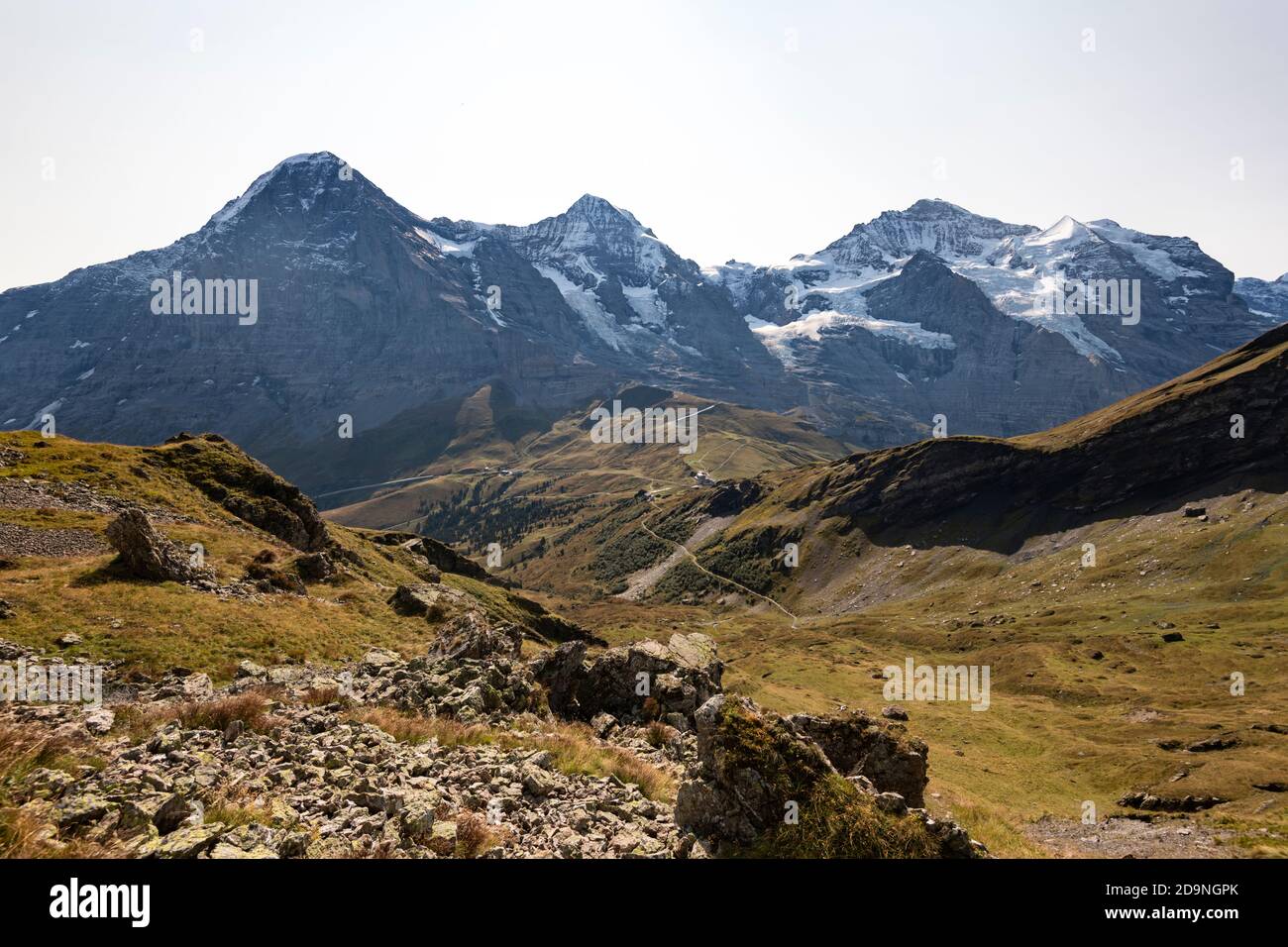 Suisse, canton de Berne, Oberland bernois, Grindelwald, Wengen, ascension vers Tschuggen avec vue sur Eiger, Mönch, Jungfraujoch, Haut de l'Europe, Jungfrau, Kleine Scheidegg Banque D'Images