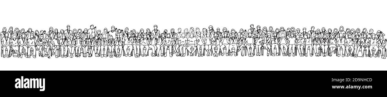 personnes assises et debout ensemble dans deux lignes de vecteur de front l'illustration montre un dessin à la main avec des lignes noires isolées dessus arrière-plan blanc Illustration de Vecteur