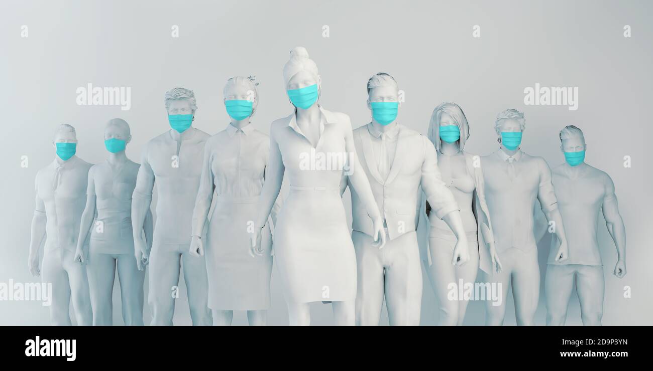 Groupe de personnes portant des masques chirurgicaux debout ensemble prévention et Concept des procédures de sécurité Banque D'Images
